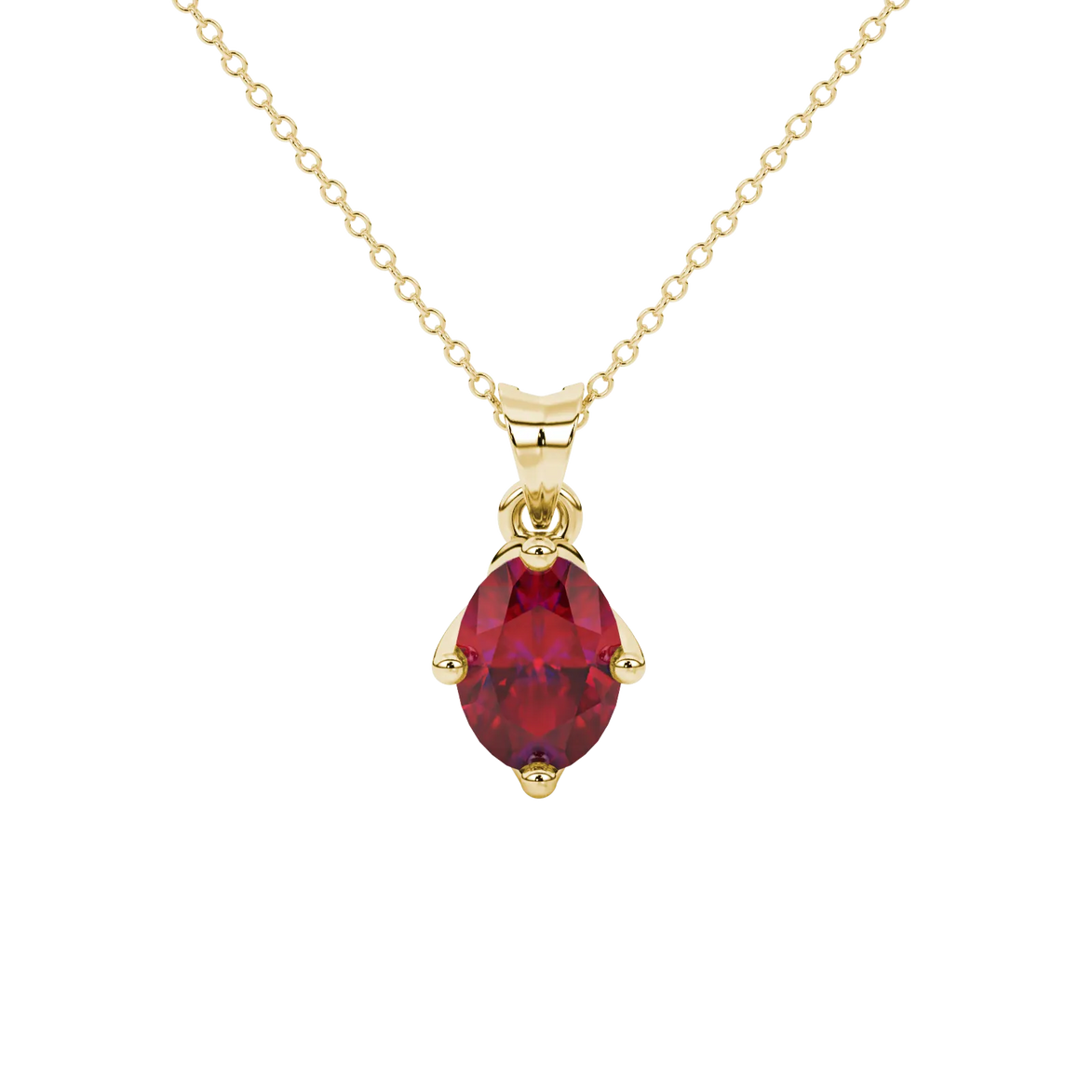 Oval cut raspberry red gemstone pendant, yellow gold tulip basket setting.