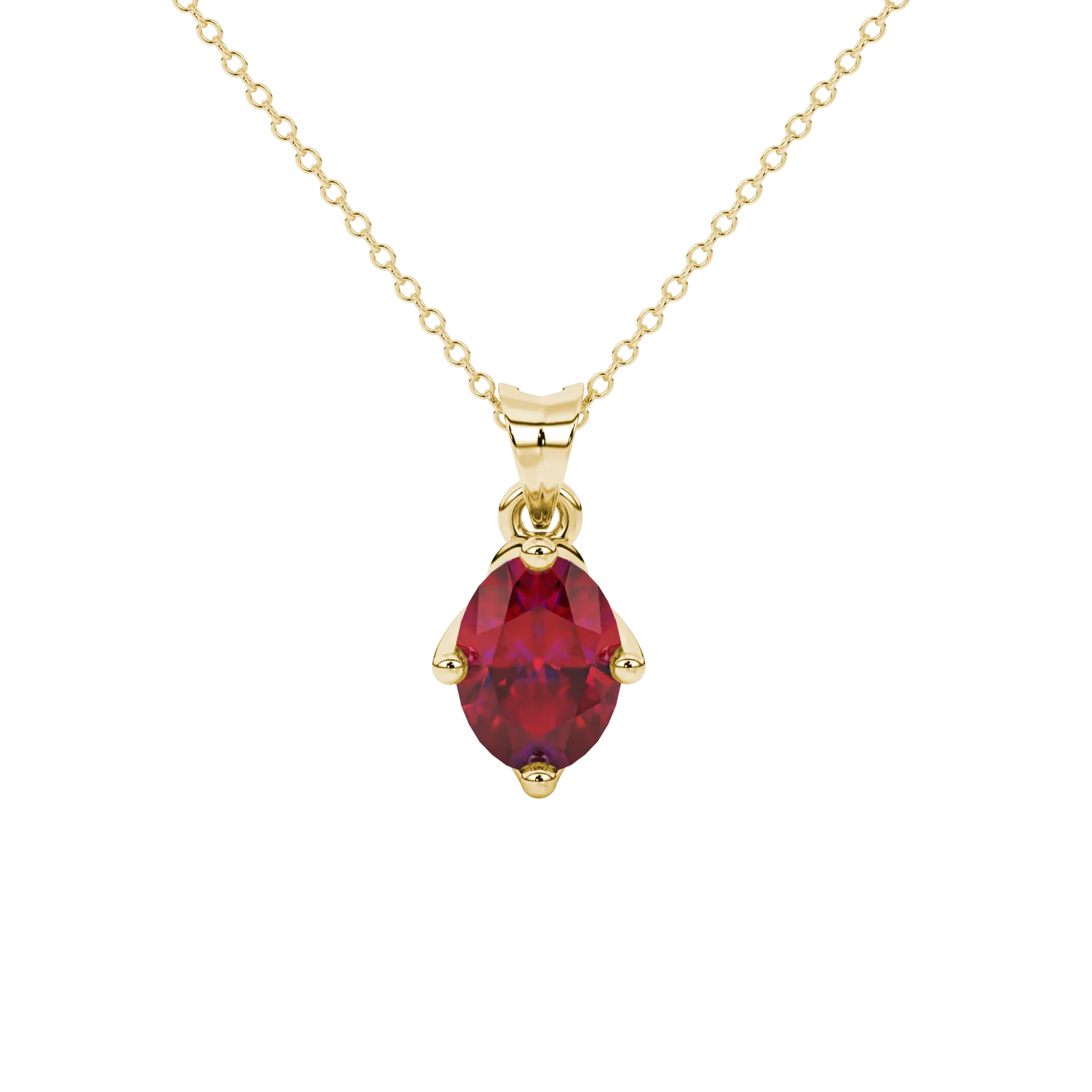 Oval cut raspberry red gemstone pendant, yellow gold tulip basket setting.