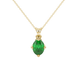 Oval cut emerald green gemstone pendant, yellow gold tulip basket setting.