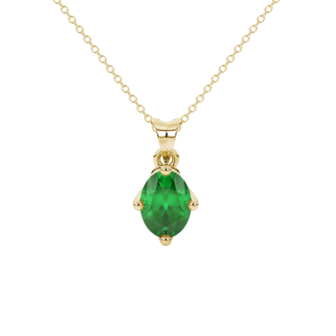 Oval cut emerald green gemstone pendant, yellow gold tulip basket setting.