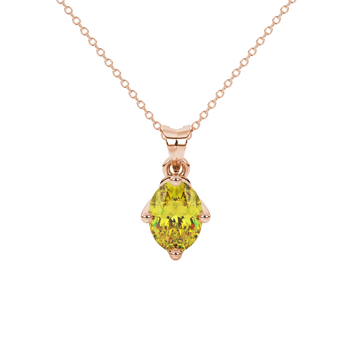Oval cut canary yellow gemstone pendant, rose gold tulip basket setting.