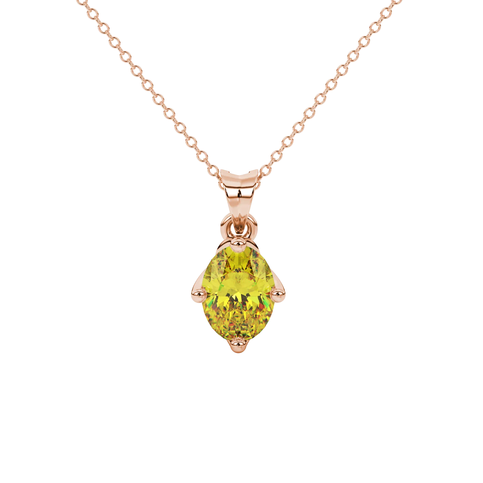 Oval cut canary yellow gemstone pendant, rose gold tulip basket setting.