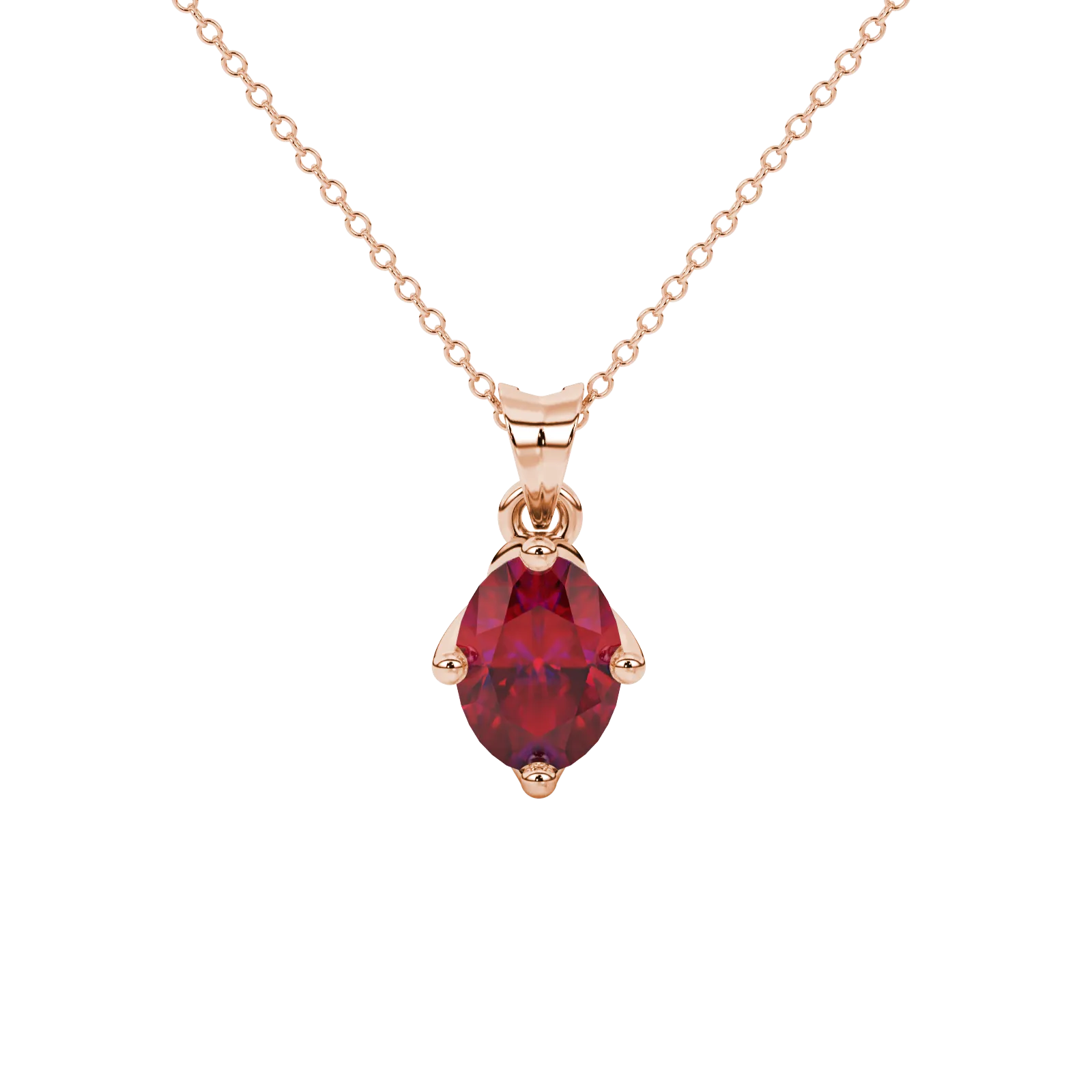 Oval cut raspberry red gemstone pendant, rose gold tulip basket setting.