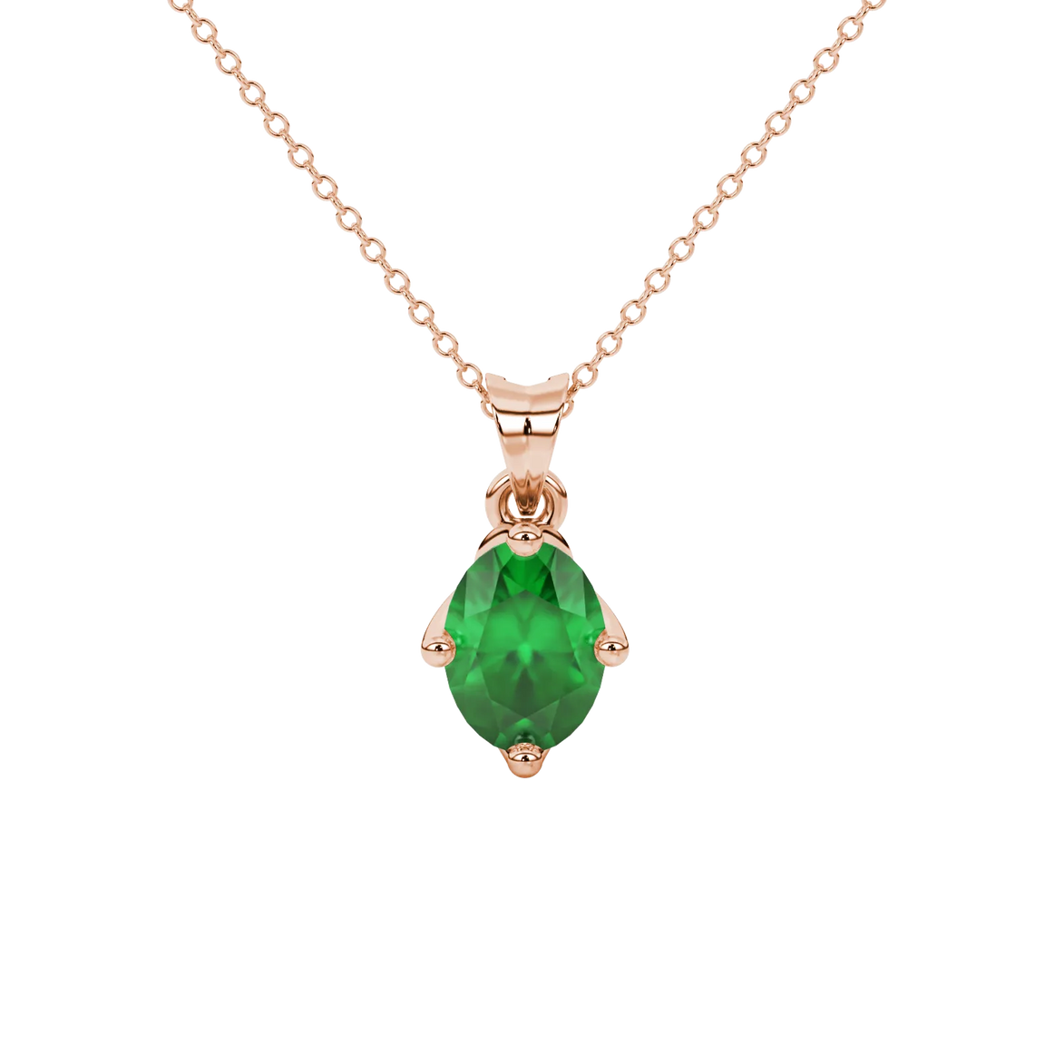 Oval cut emerald green gemstone pendant, rose gold tulip basket setting.