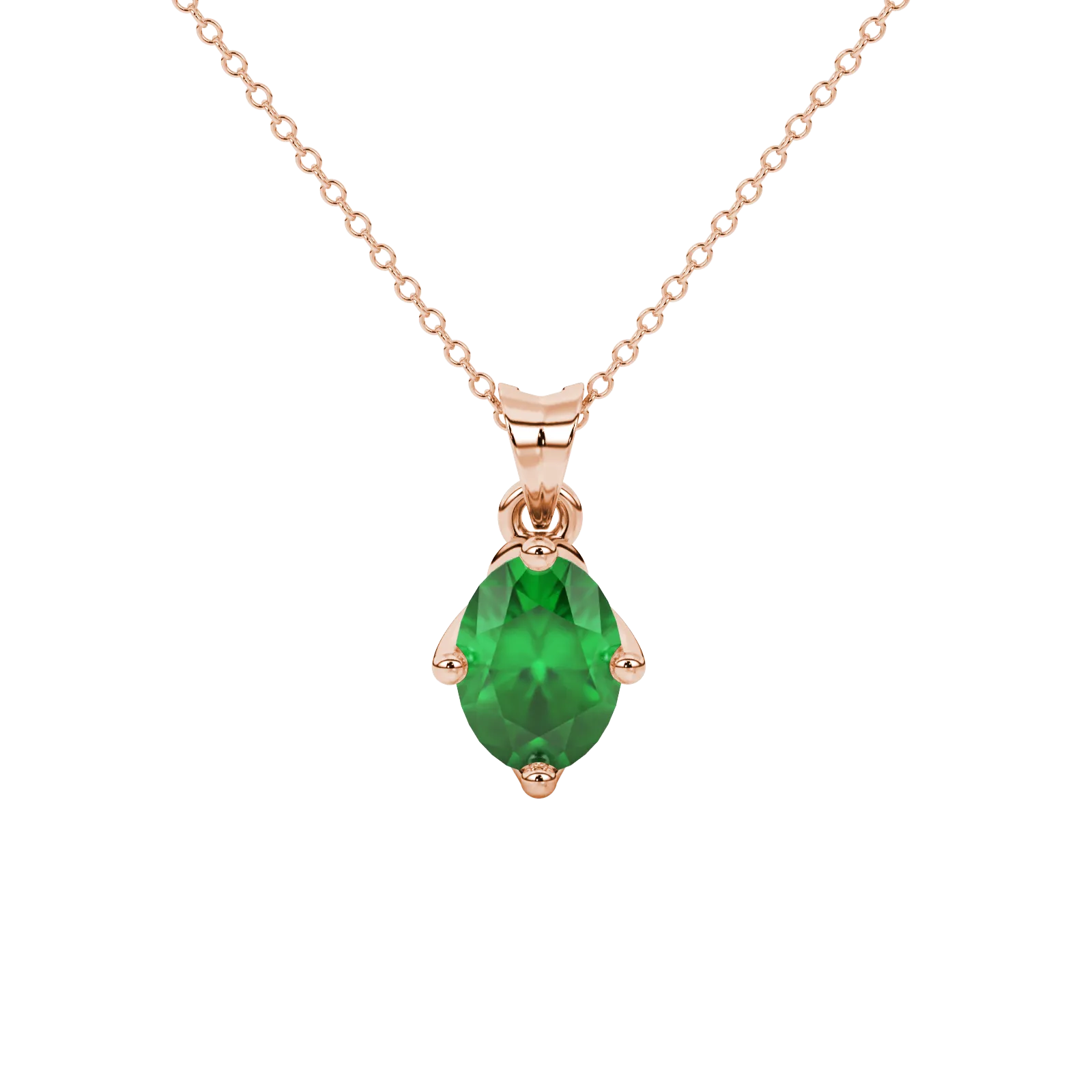 Oval cut emerald green gemstone pendant, rose gold tulip basket setting.