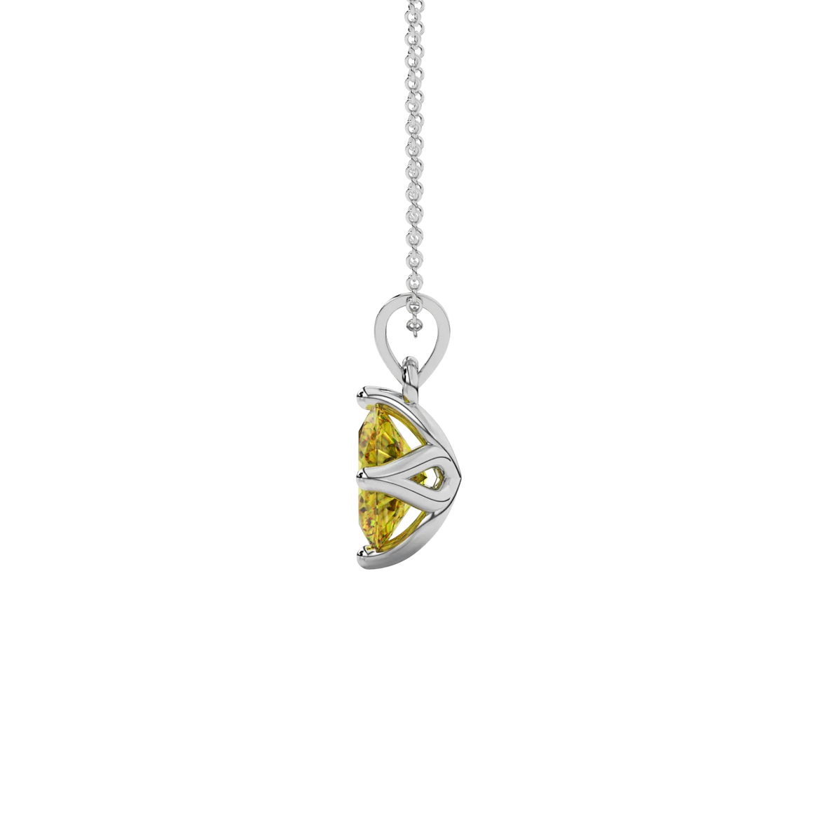 Side profile, white gold canary yellow pendant, tulip basket gallery.