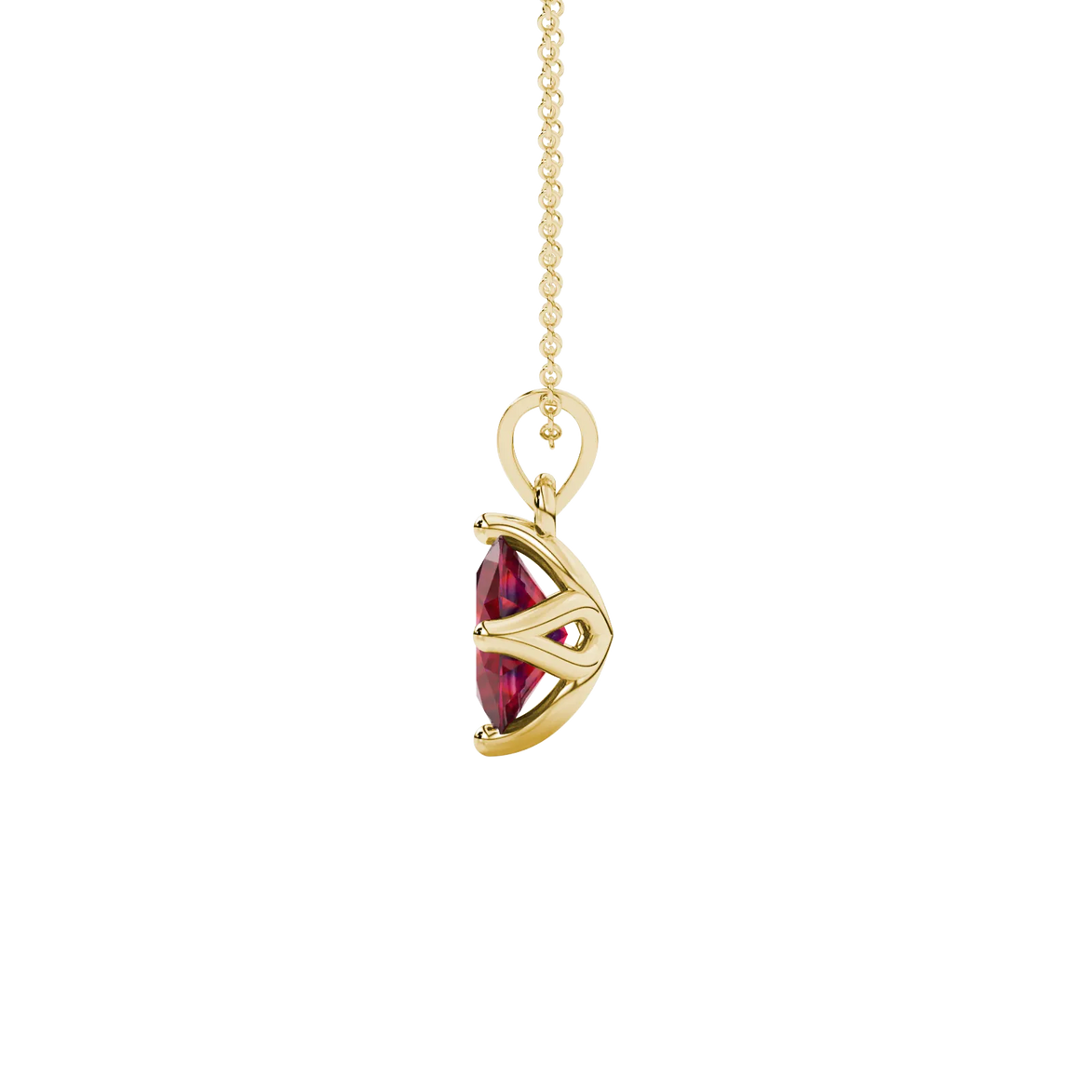 Side profile, yellow gold raspberry red pendant, tulip basket gallery.