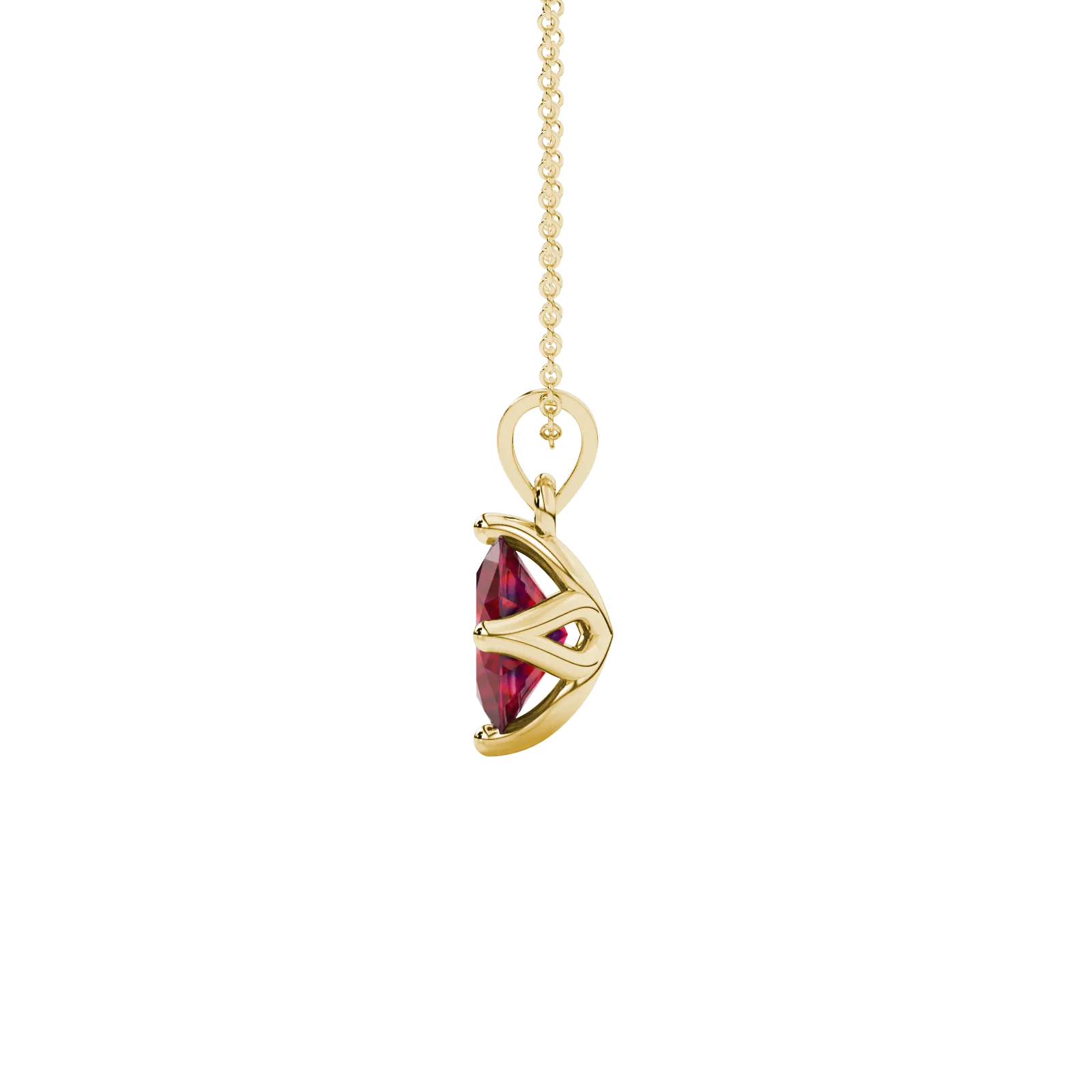 Side profile, yellow gold raspberry red pendant, tulip basket gallery.