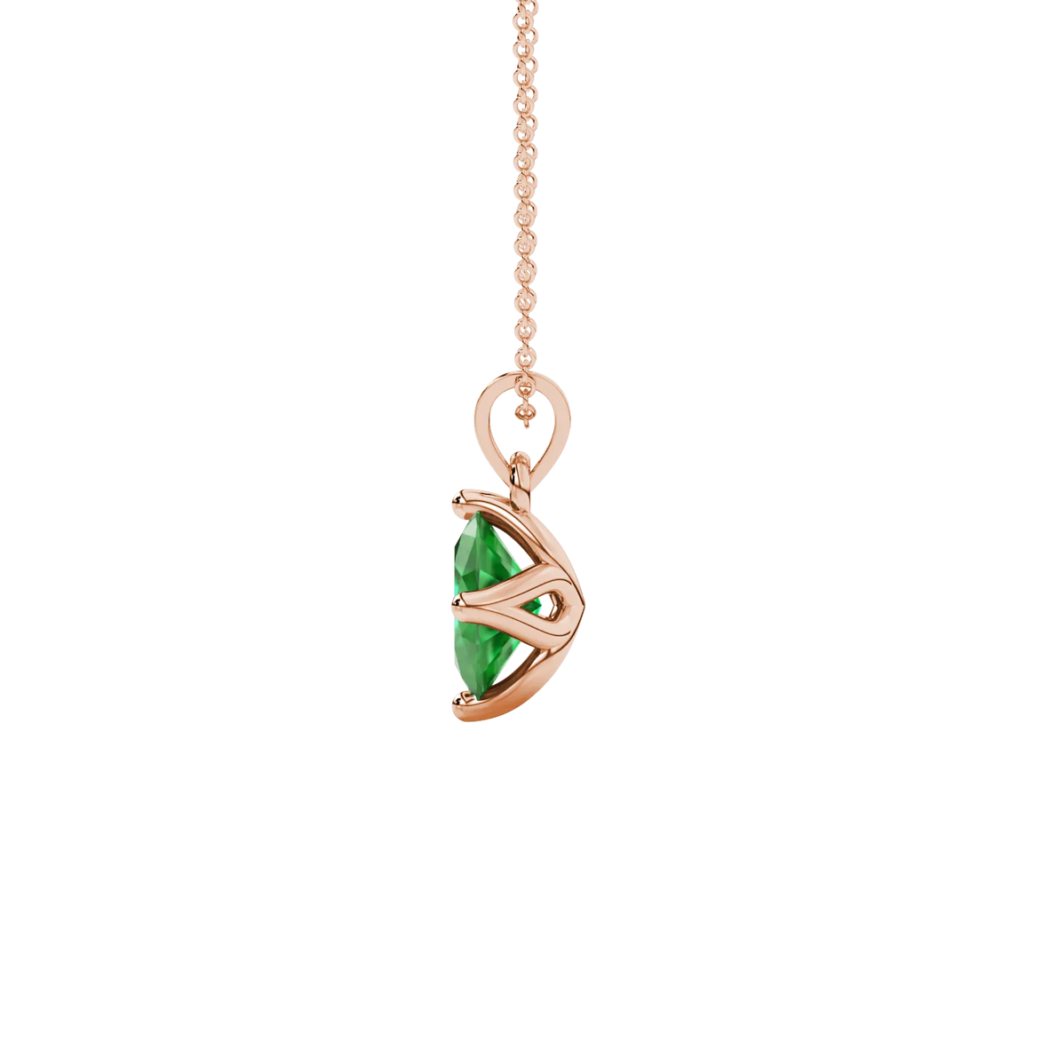 Side profile, rose gold emerald green pendant, tulip basket gallery.