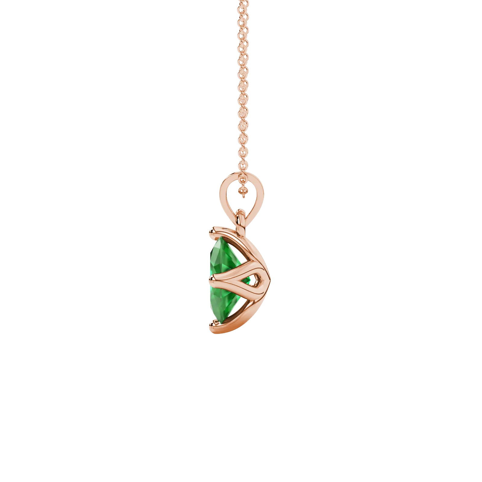 Side profile, rose gold emerald green pendant, tulip basket gallery.