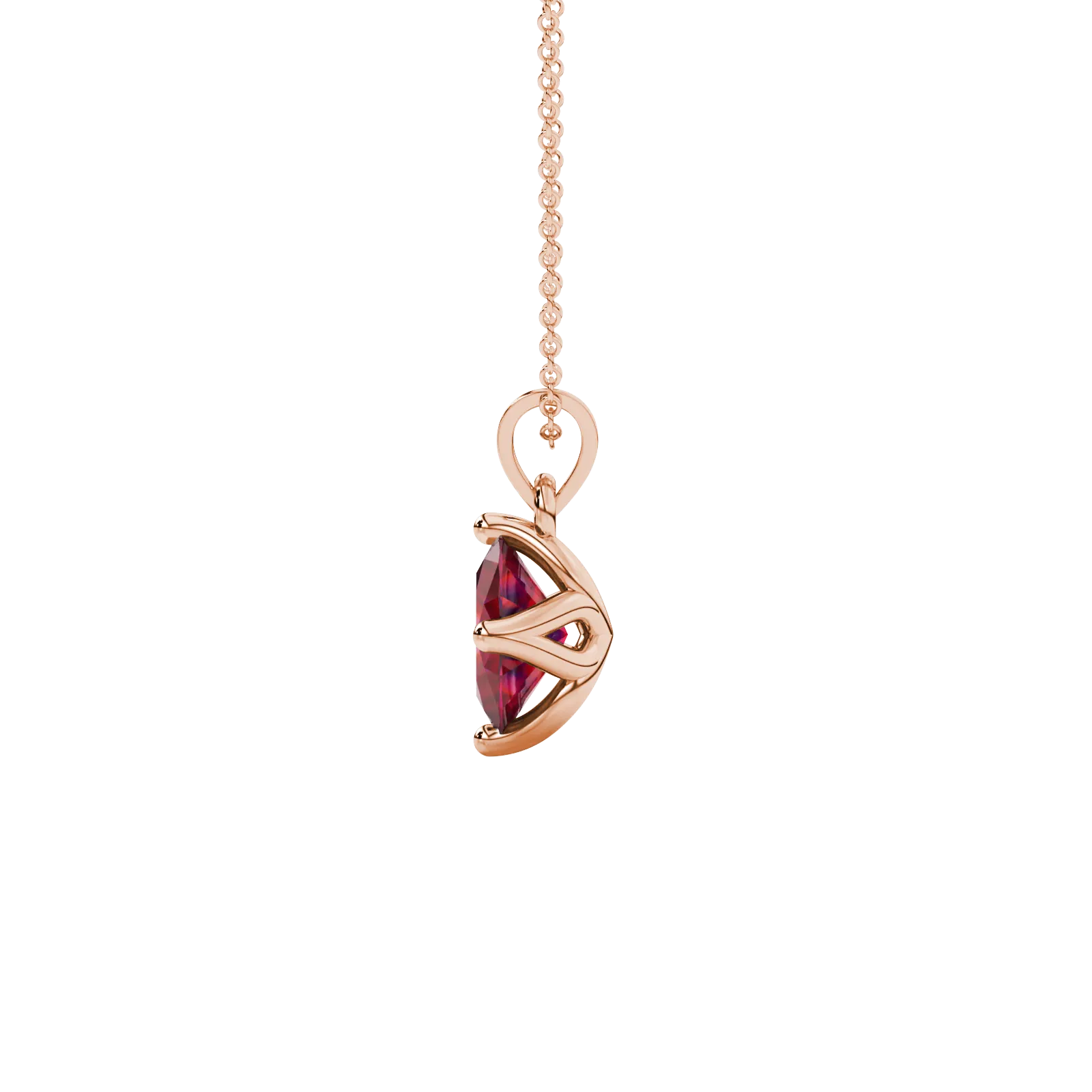 Side profile, rose gold raspberry red pendant, tulip basket gallery.