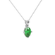 Close-up oval cut emerald green gemstone pendant, white gold tulip basket.