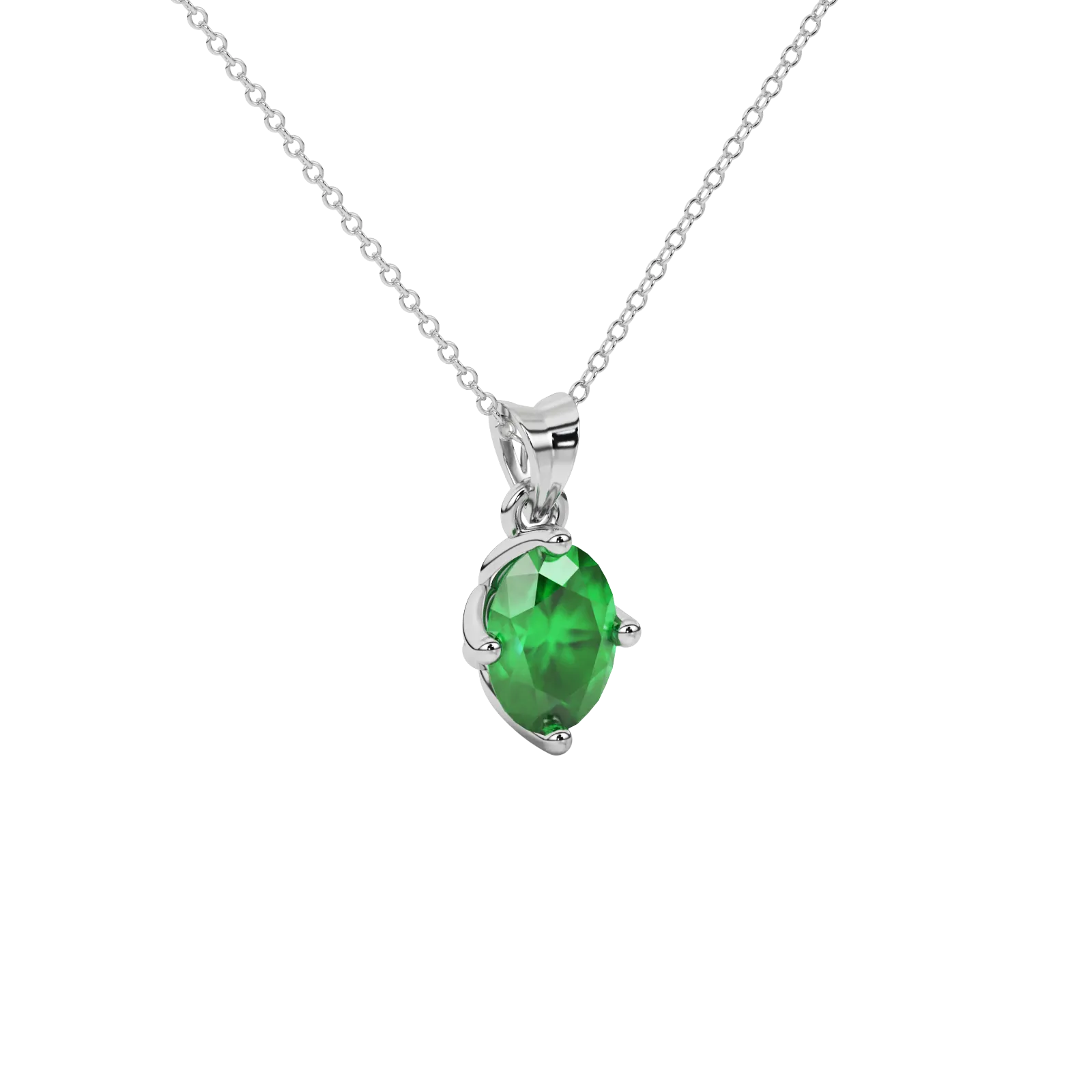Close-up oval cut emerald green gemstone pendant, white gold tulip basket.
