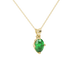 Close-up, oval cut emerald green gemstone, yellow gold tulip basket pendant.
