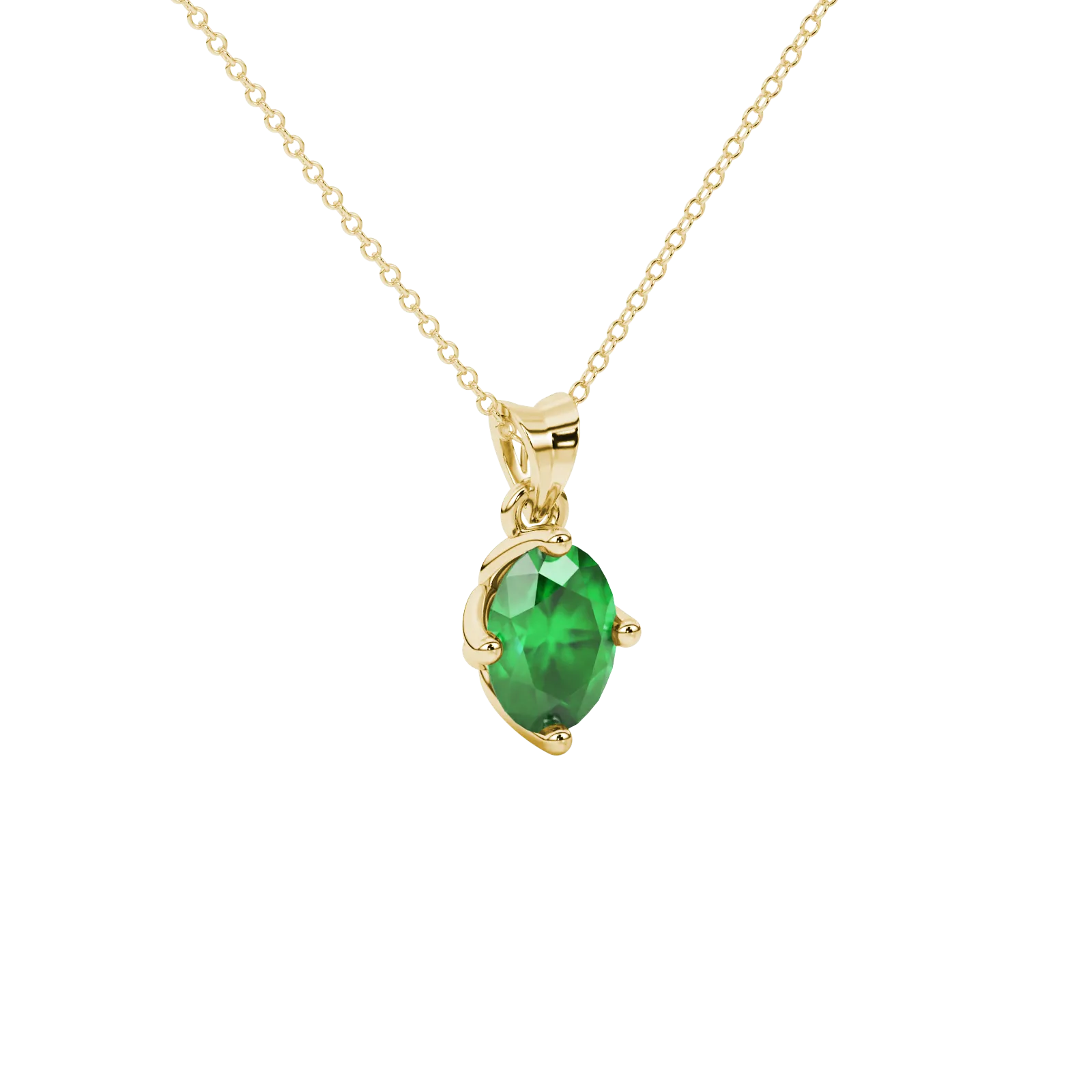 Close-up, oval cut emerald green gemstone, yellow gold tulip basket pendant.