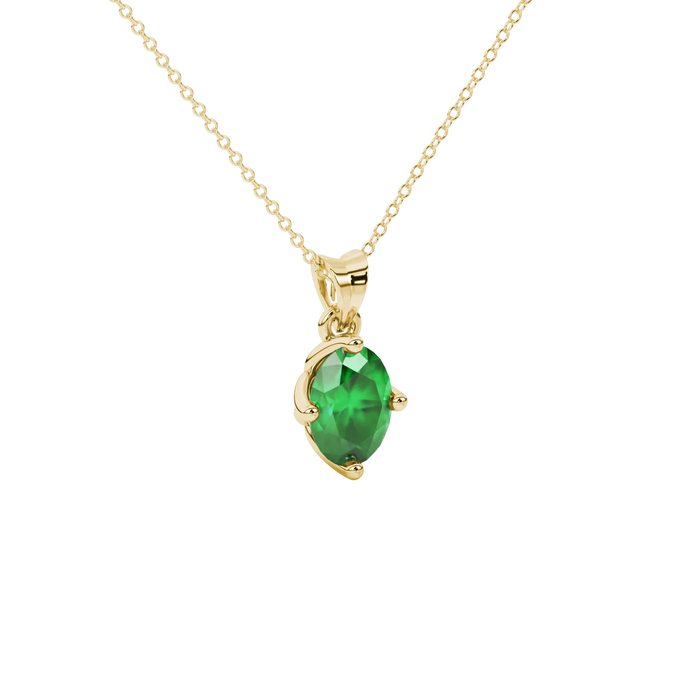 Close-up, oval cut emerald green gemstone, yellow gold tulip basket pendant.