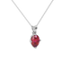 Close-up oval cut raspberry red gemstone pendant, white gold tulip basket.