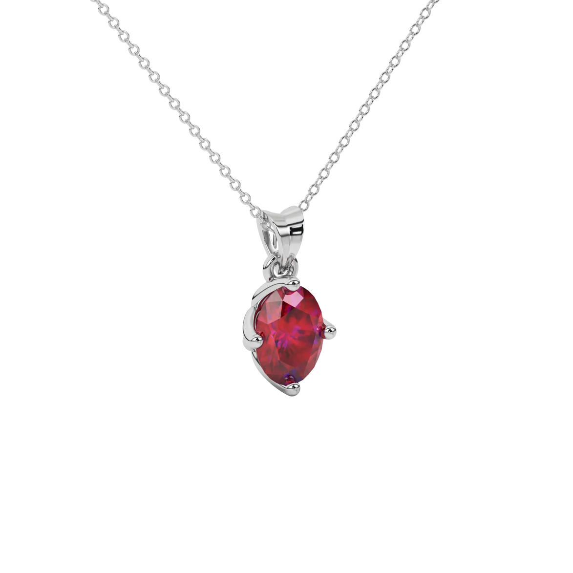 Close-up oval cut raspberry red gemstone pendant, white gold tulip basket.
