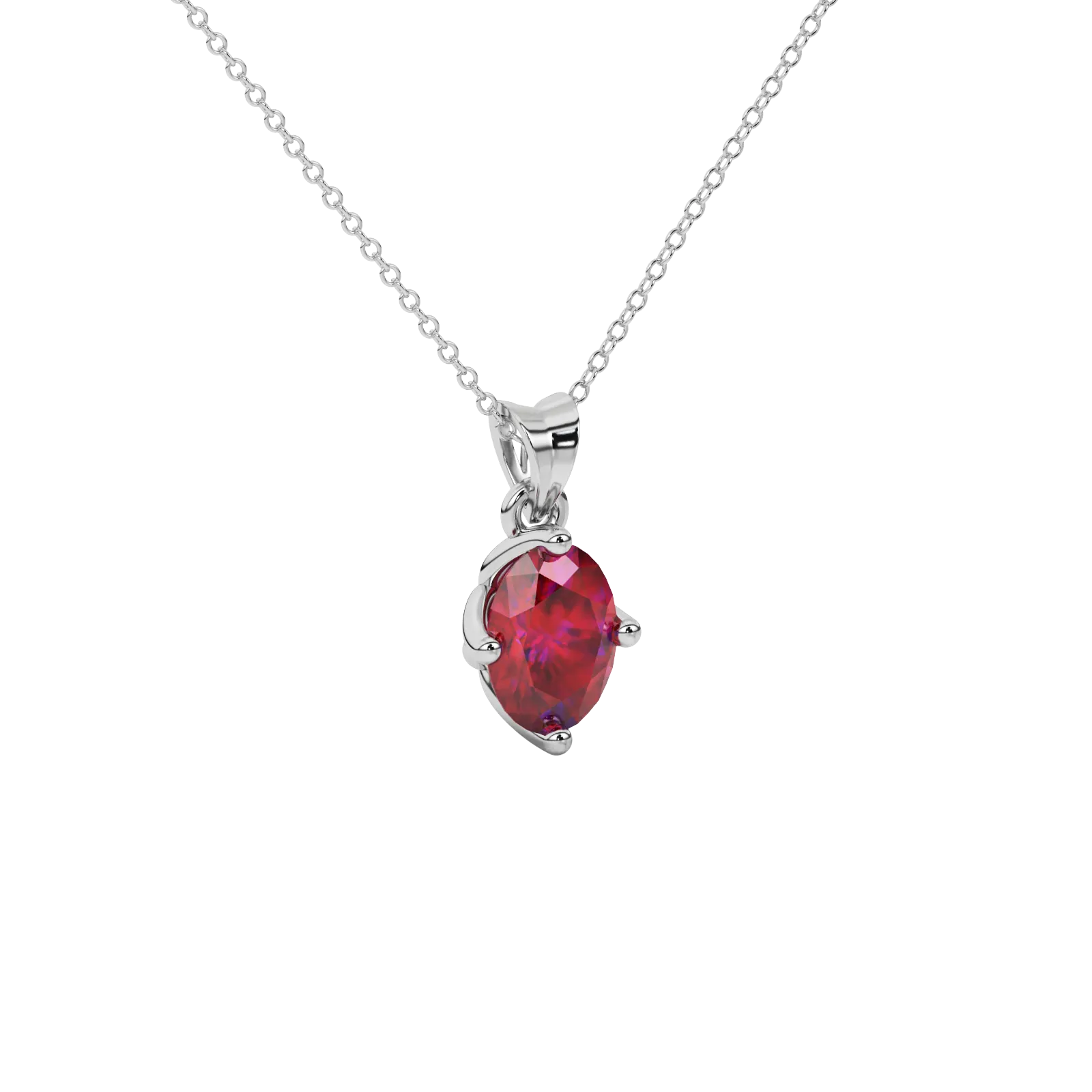 Close-up oval cut raspberry red gemstone pendant, white gold tulip basket.