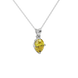 Close-up oval cut canary yellow gemstone pendant, white gold tulip basket.