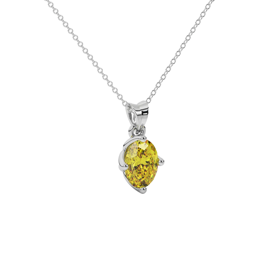 Close-up oval cut canary yellow gemstone pendant, white gold tulip basket.