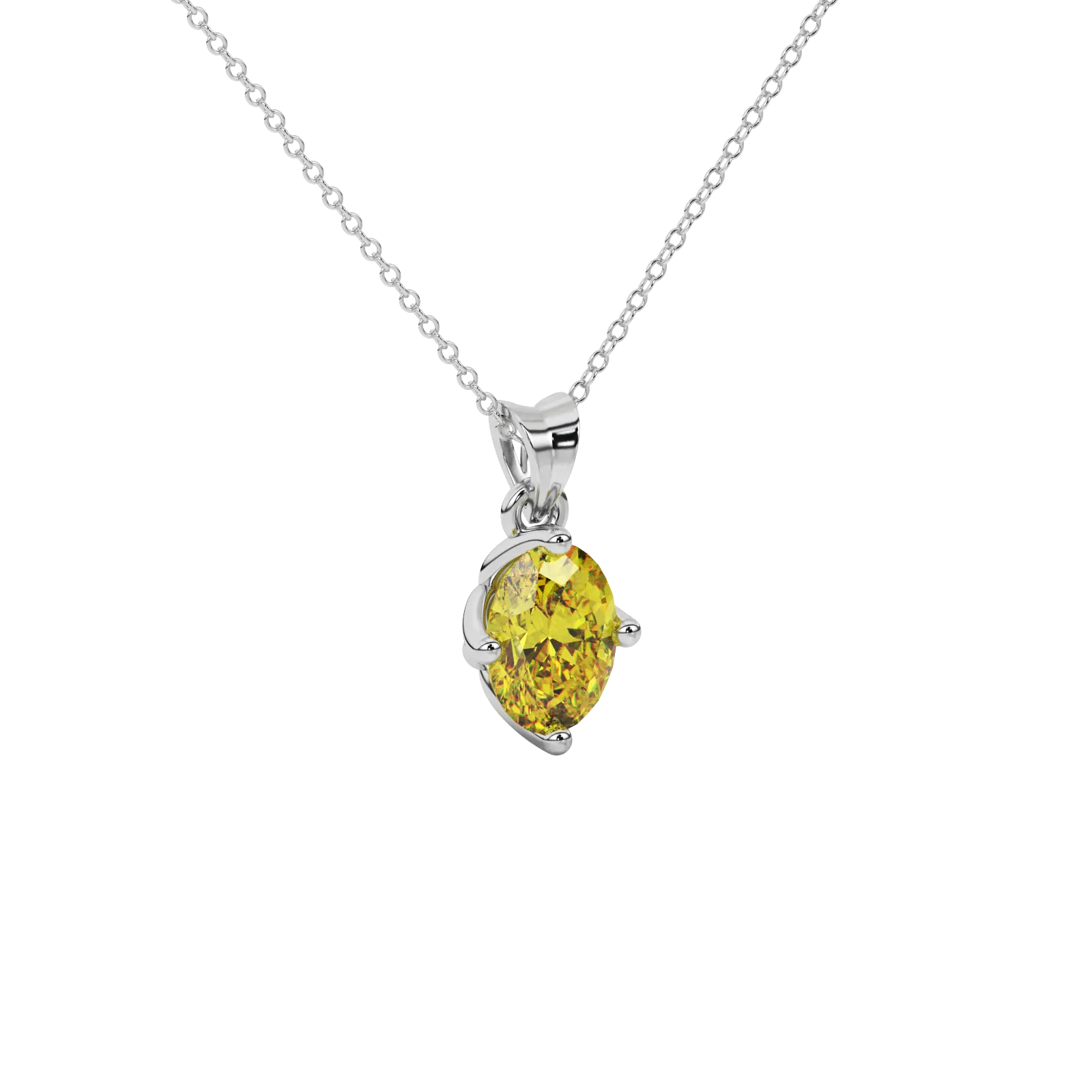 Close-up oval cut canary yellow gemstone pendant, white gold tulip basket.