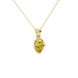 Close-up, oval cut canary yellow gemstone, yellow gold tulip basket pendant.