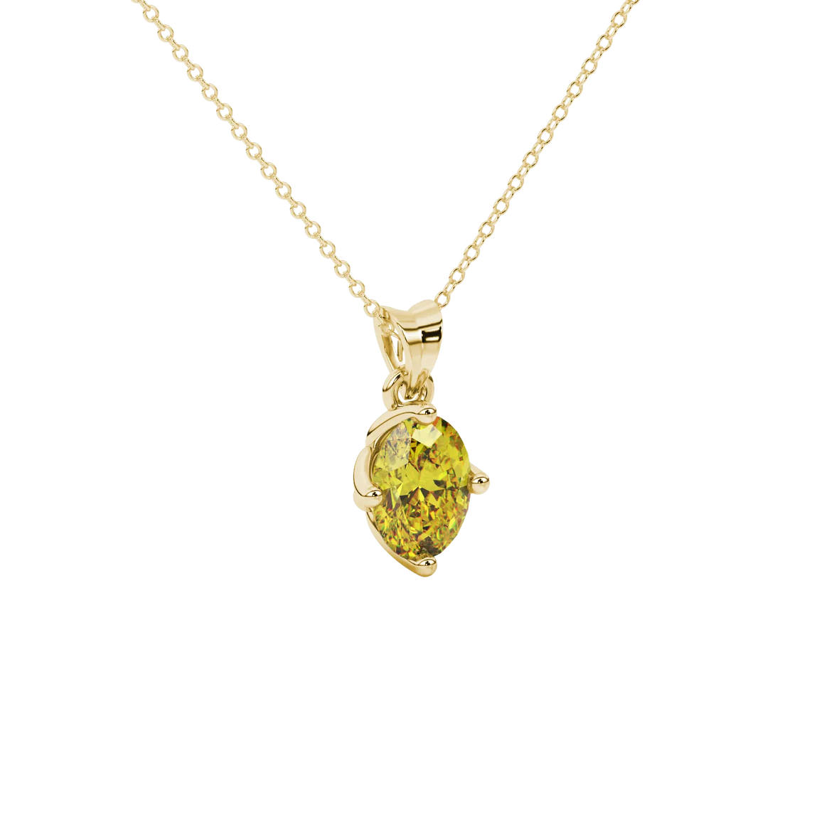 Close-up, oval cut canary yellow gemstone, yellow gold tulip basket pendant.
