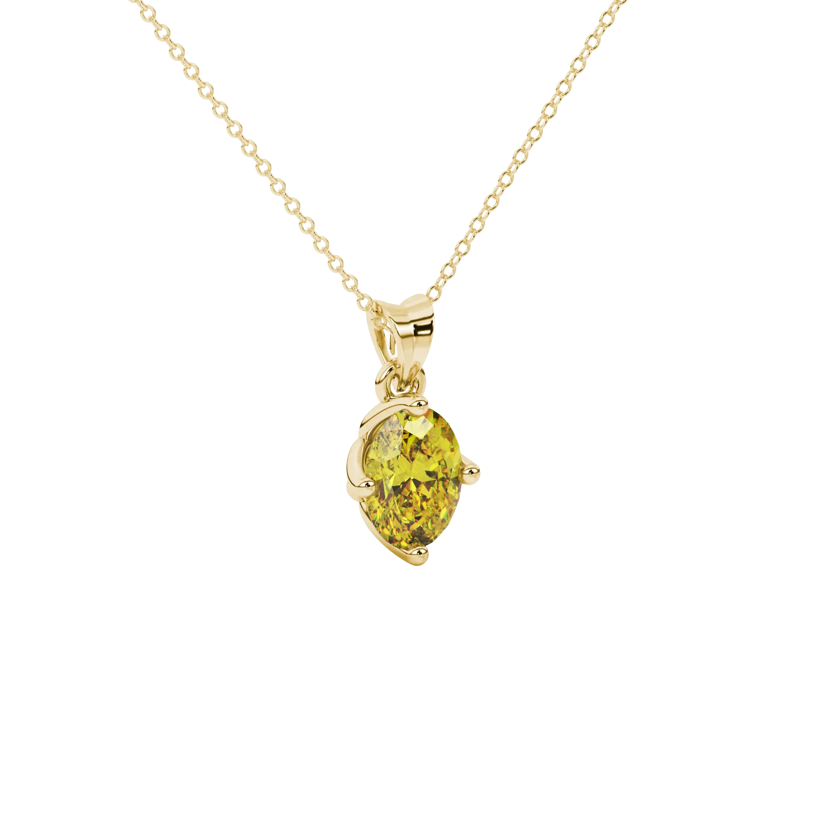 Close-up, oval cut canary yellow gemstone, yellow gold tulip basket pendant.