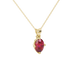 Close-up, oval cut raspberry red gemstone, yellow gold tulip basket pendant.