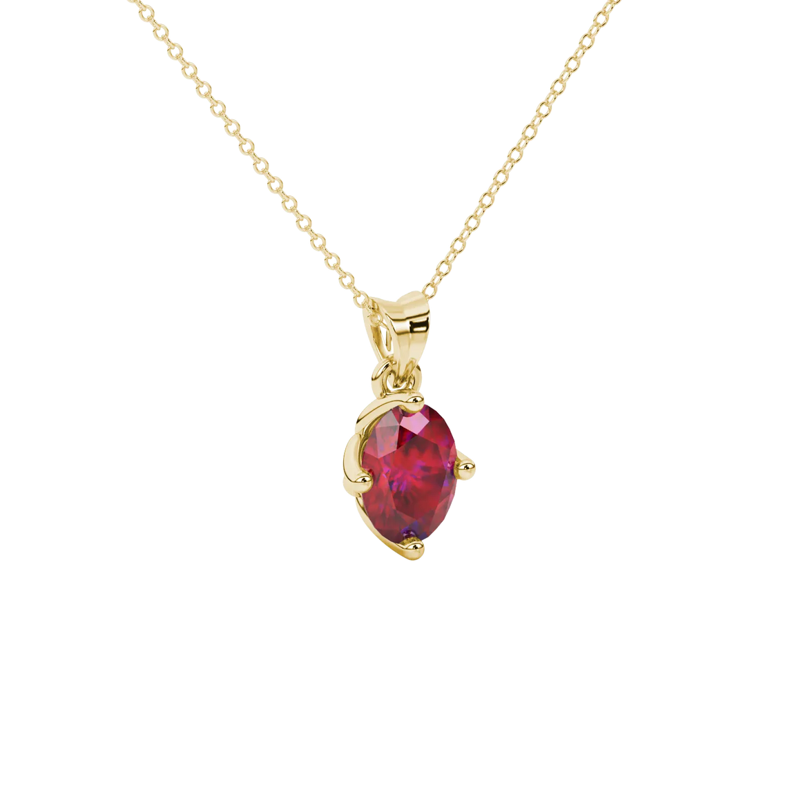 Close-up, oval cut raspberry red gemstone, yellow gold tulip basket pendant.
