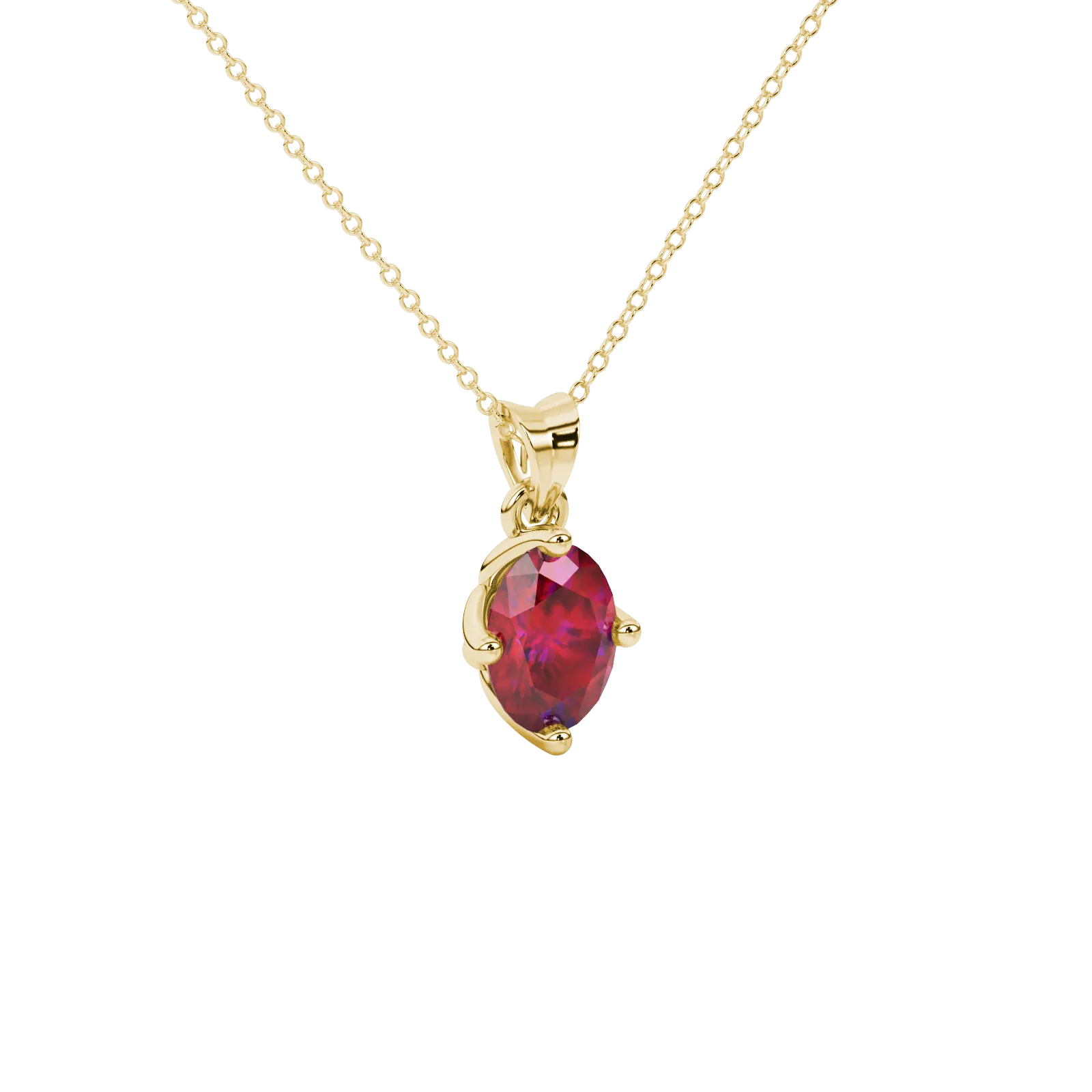 Close-up, oval cut raspberry red gemstone, yellow gold tulip basket pendant.