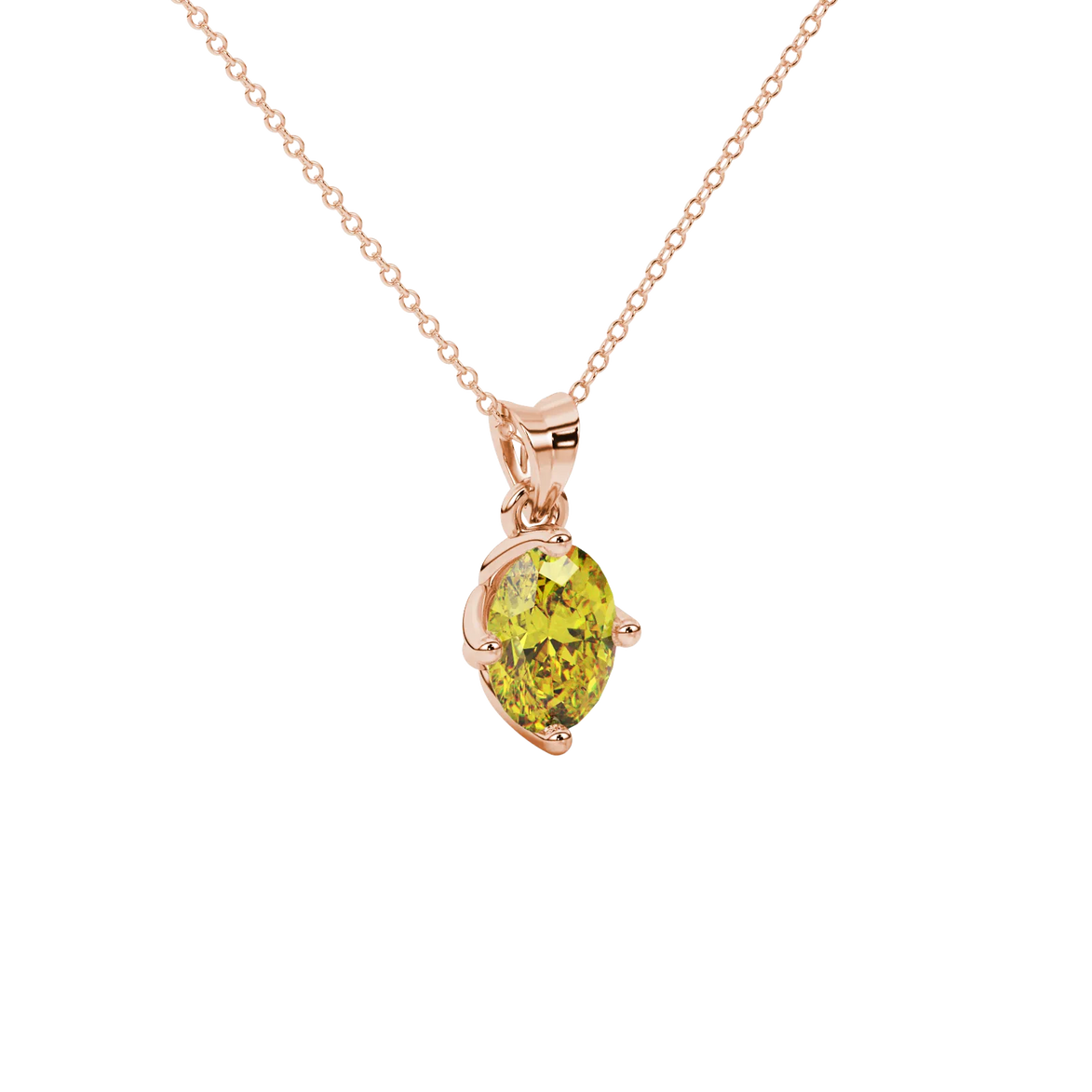 Close-up, oval cut canary yellow gemstone pendant, rose gold tulip basket.