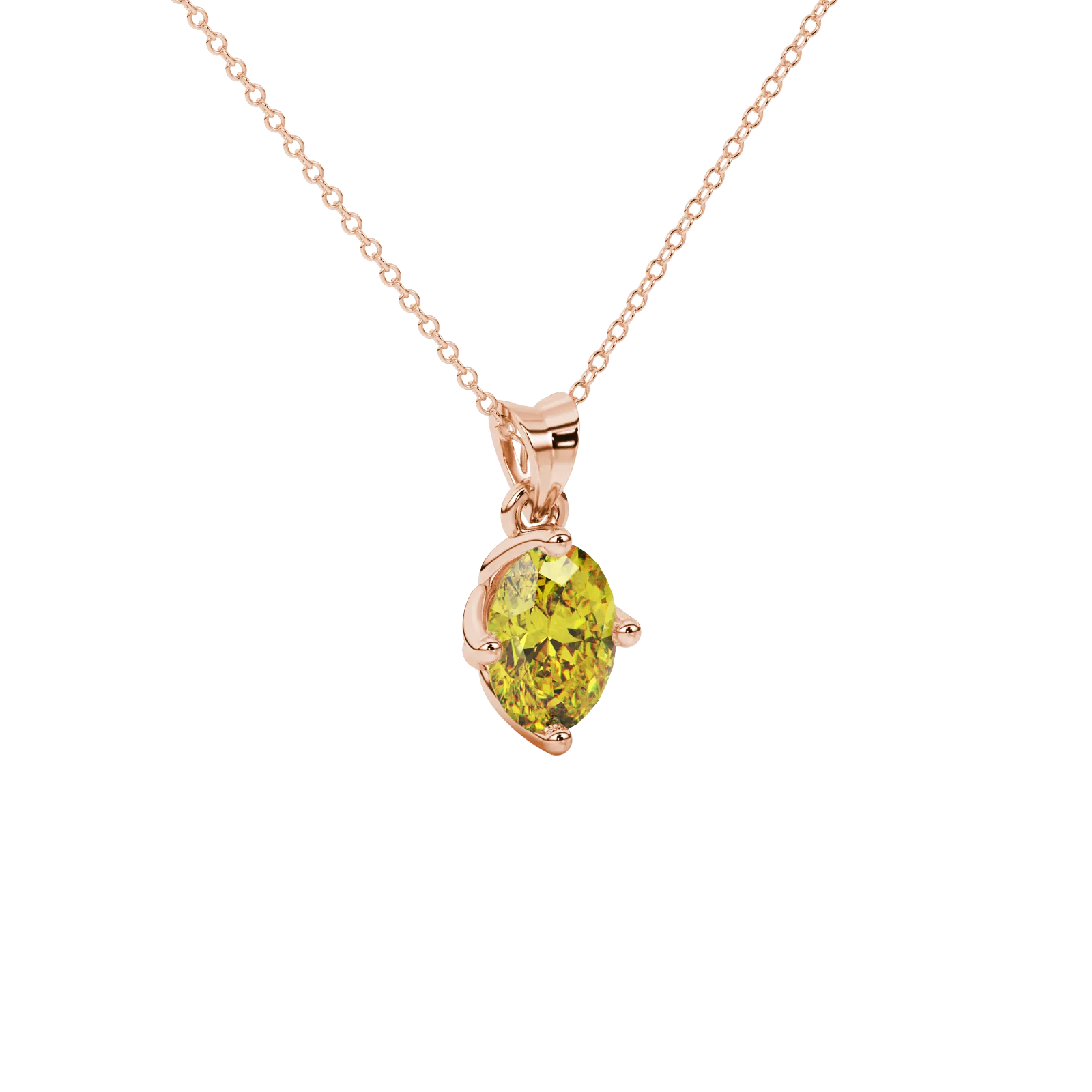Close-up, oval cut canary yellow gemstone pendant, rose gold tulip basket.