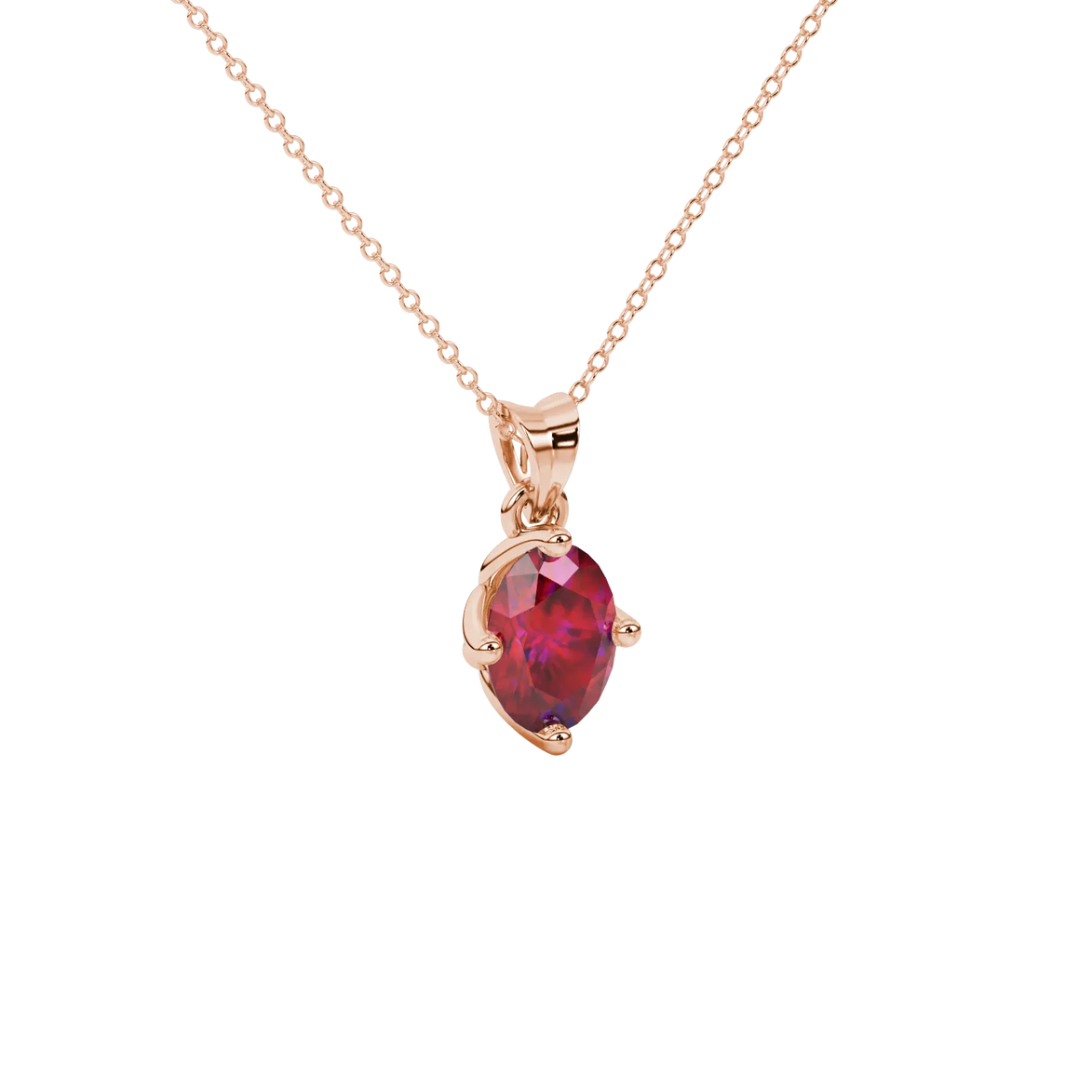 Close-up, oval cut raspberry red gemstone pendant, rose gold tulip basket.
