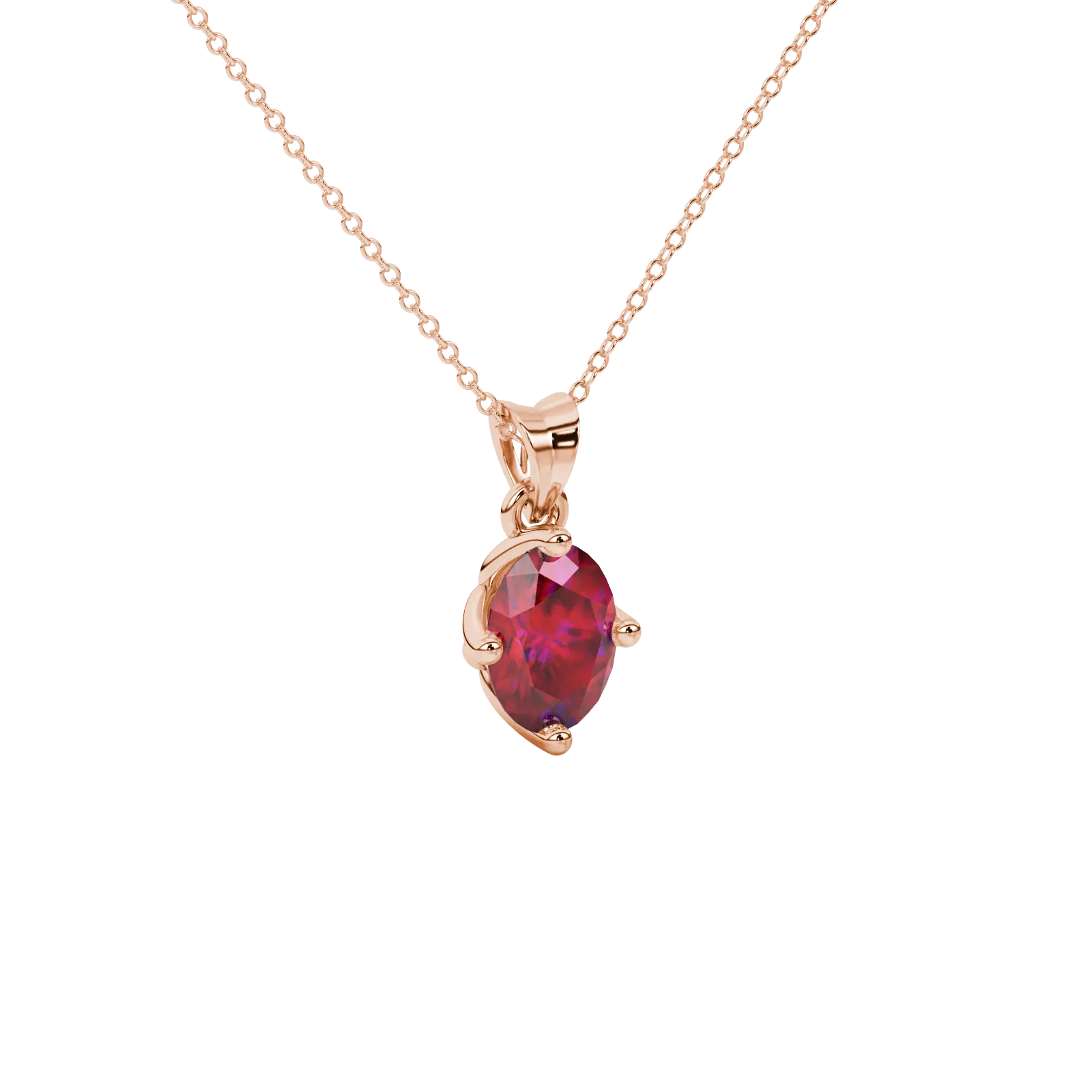 Close-up, oval cut raspberry red gemstone pendant, rose gold tulip basket.