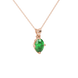 Close-up, oval cut emerald green gemstone pendant, rose gold tulip basket.