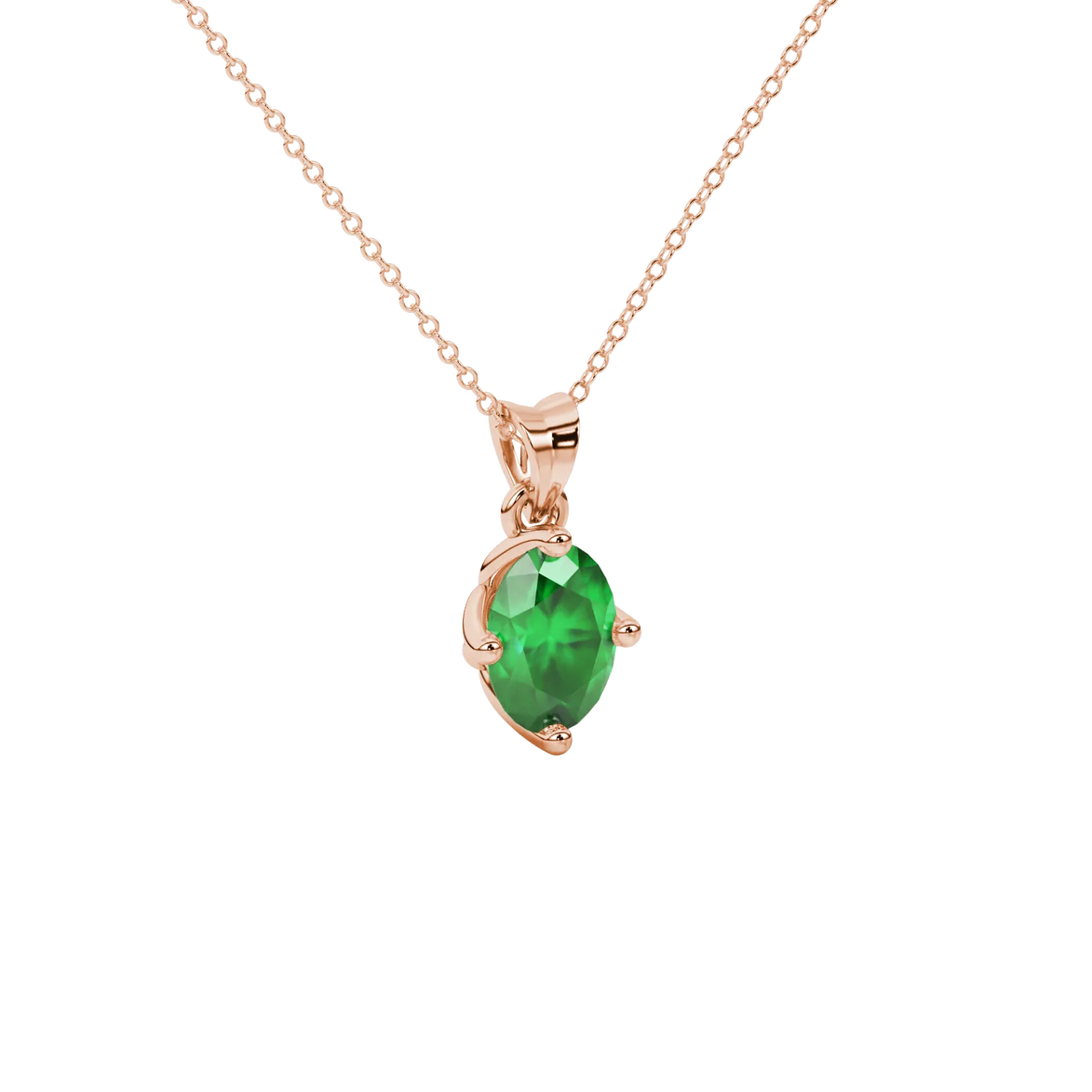 Close-up, oval cut emerald green gemstone pendant, rose gold tulip basket.