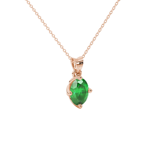 Close-up, oval cut emerald green gemstone pendant, rose gold tulip basket.