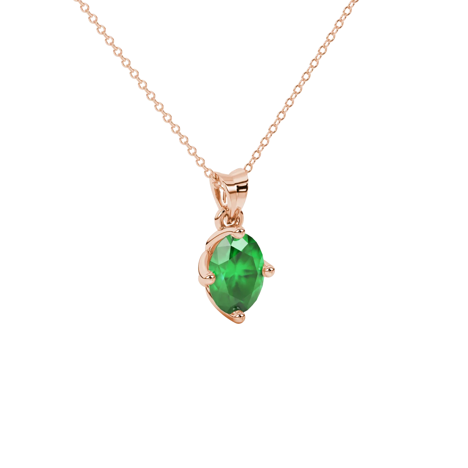 Close-up, oval cut emerald green gemstone pendant, rose gold tulip basket.