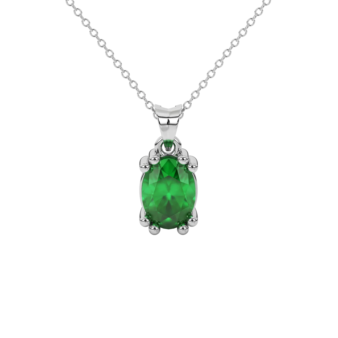 Oval cut emerald green gemstone pendant, white gold vintage basket setting.