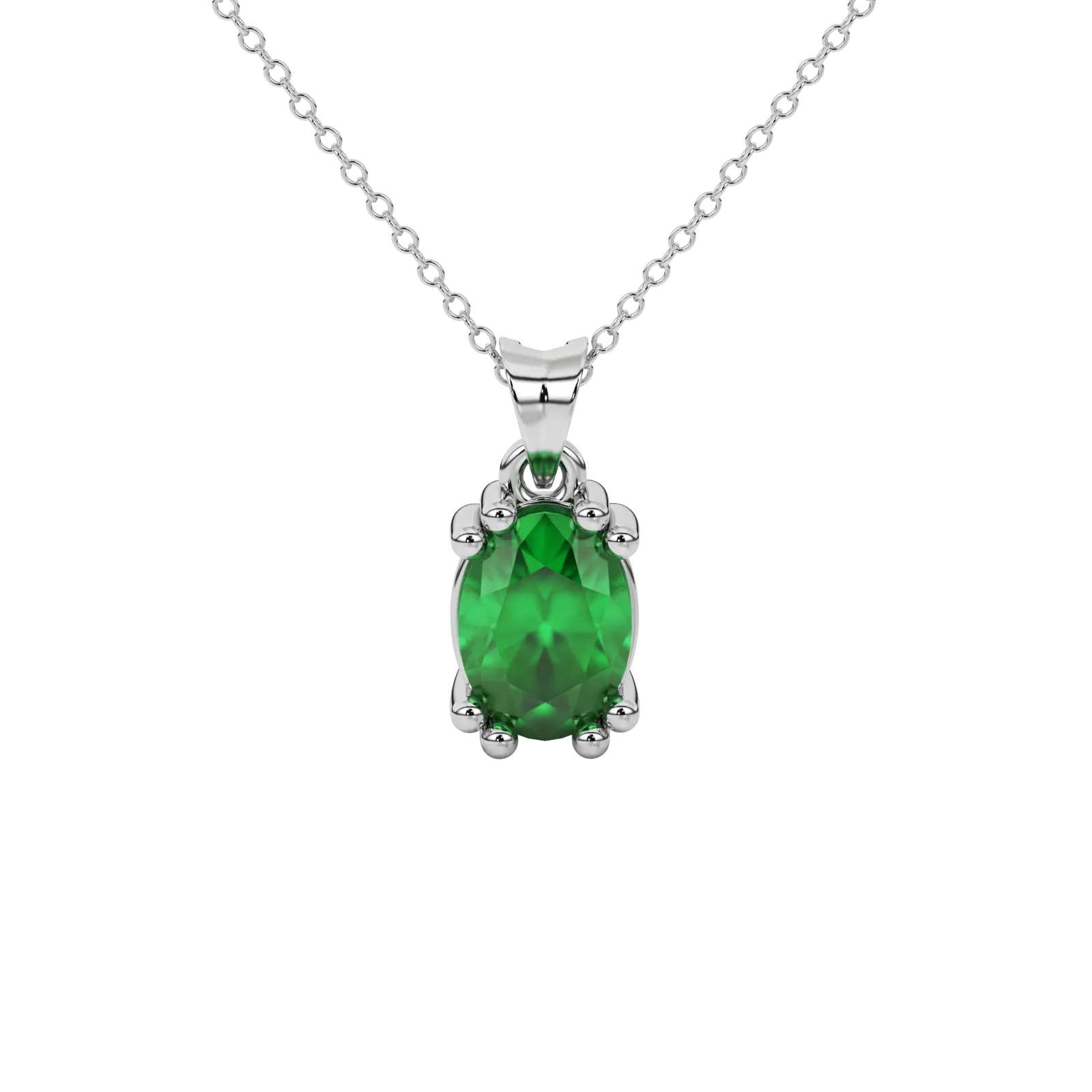 Oval cut emerald green gemstone pendant, white gold vintage basket setting.