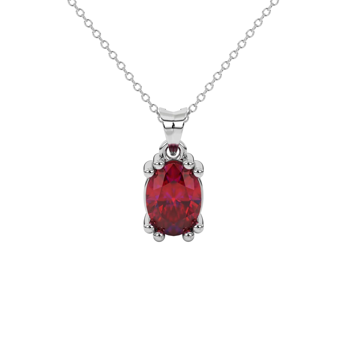 Oval cut raspberry red gemstone pendant, white gold vintage basket setting.