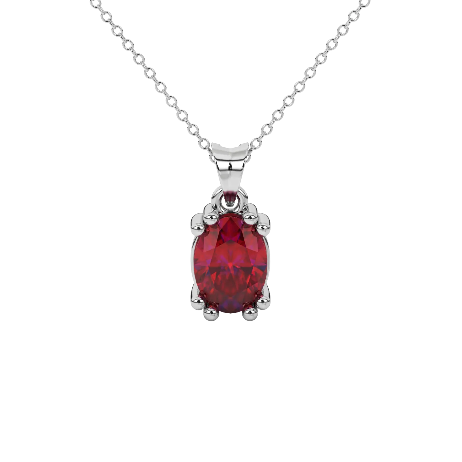 Oval cut raspberry red gemstone pendant, white gold vintage basket setting.