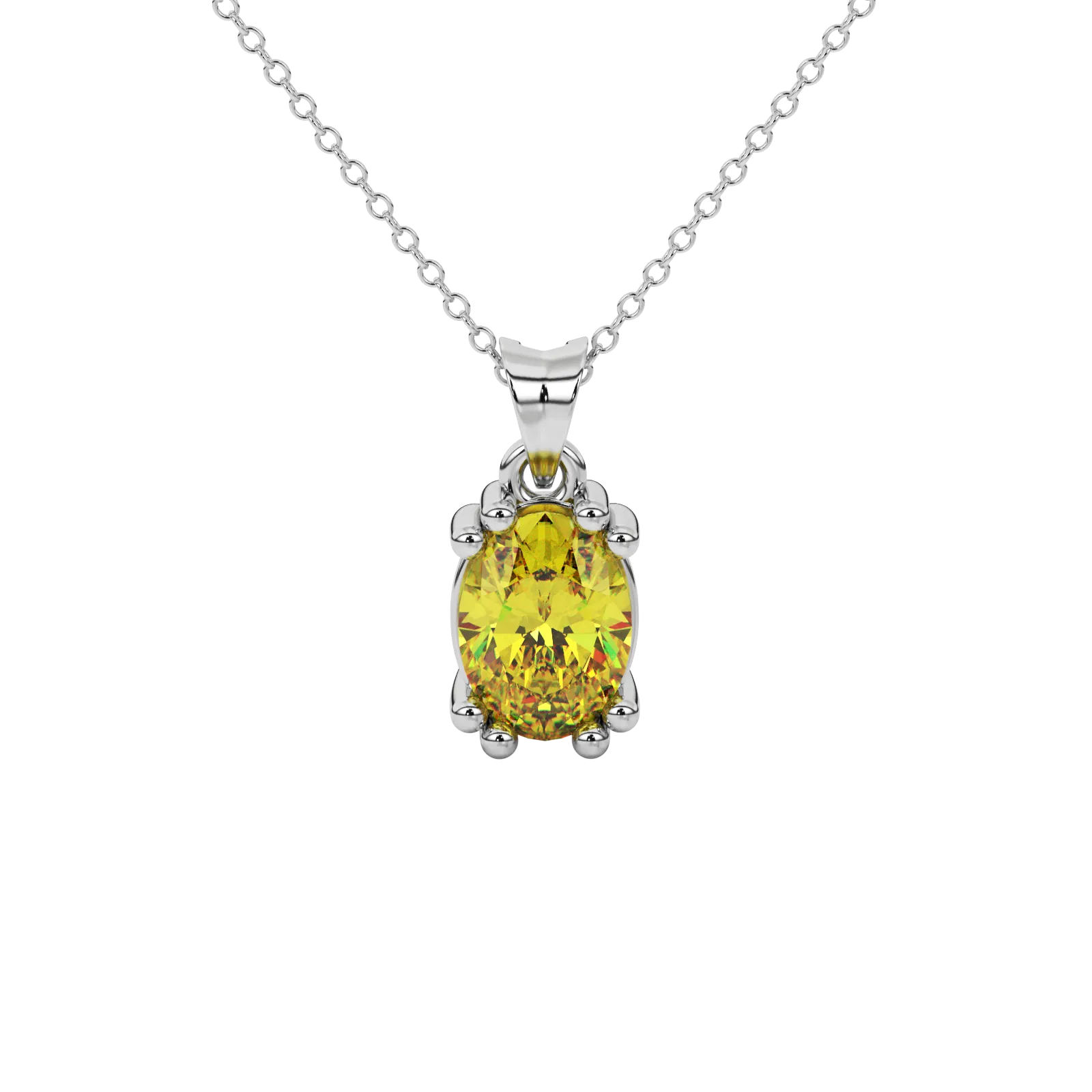 Oval cut canary yellow gemstone pendant, white gold vintage basket setting.