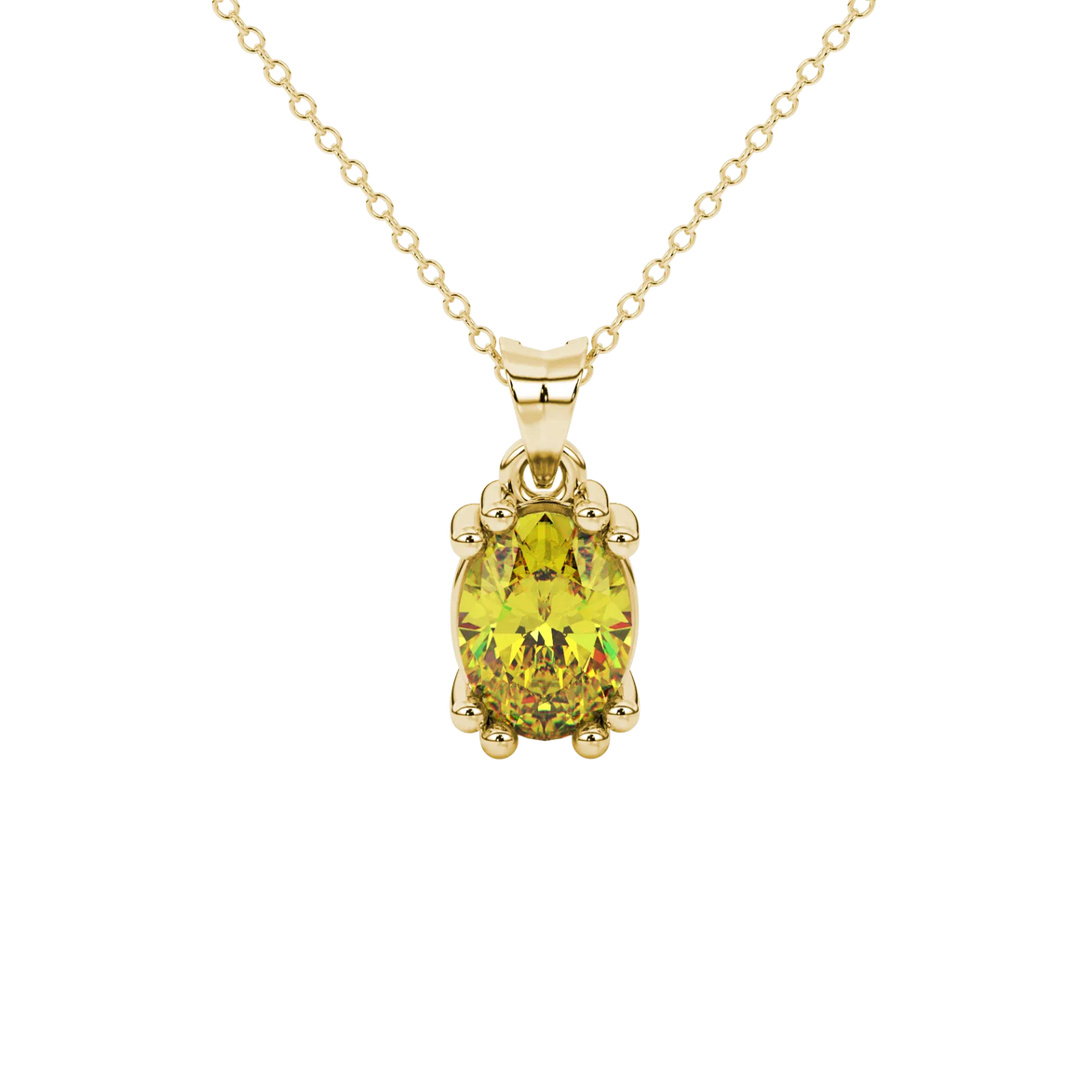Oval cut canary yellow gemstone pendant, yellow gold vintage basket setting.