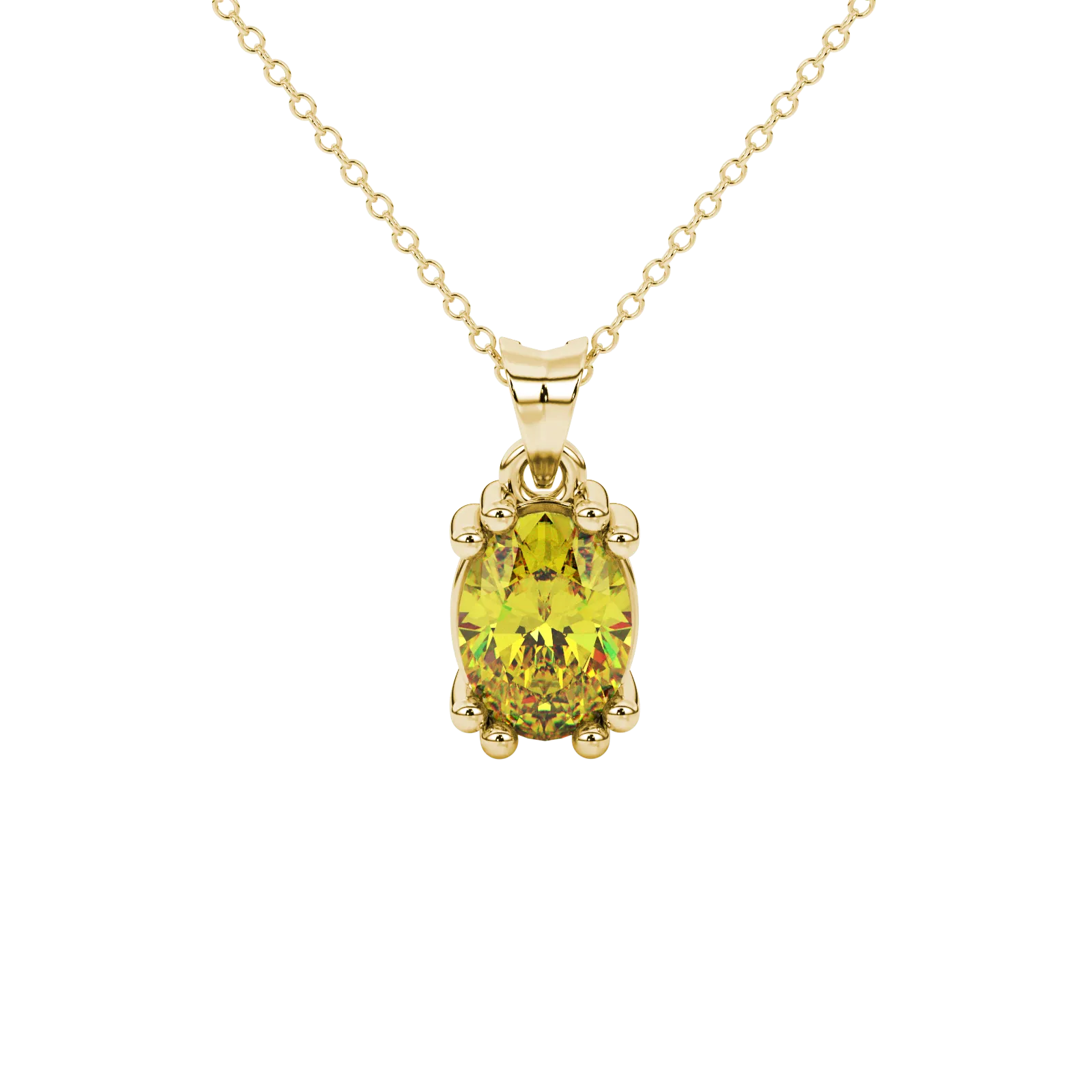 Oval cut canary yellow gemstone pendant, yellow gold vintage basket setting.