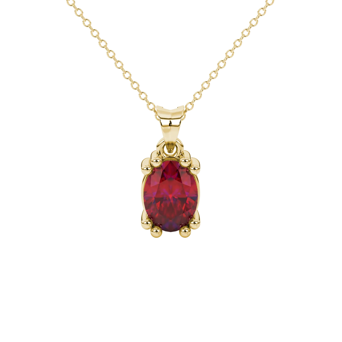 Oval cut raspberry red gemstone pendant, yellow gold vintage basket setting.