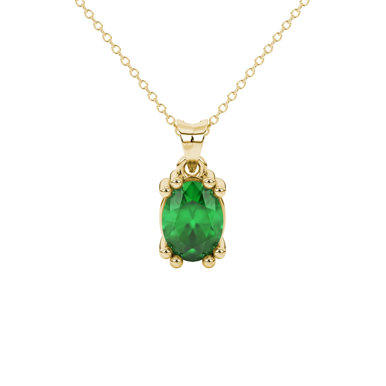Oval cut emerald green gemstone pendant, yellow gold vintage basket setting.