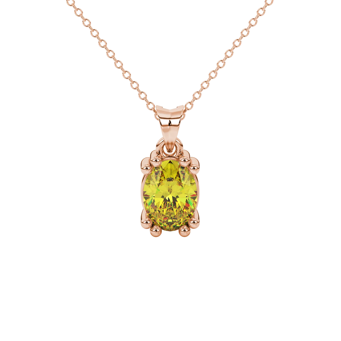 Oval cut canary yellow gemstone pendant, rose gold vintage basket setting.